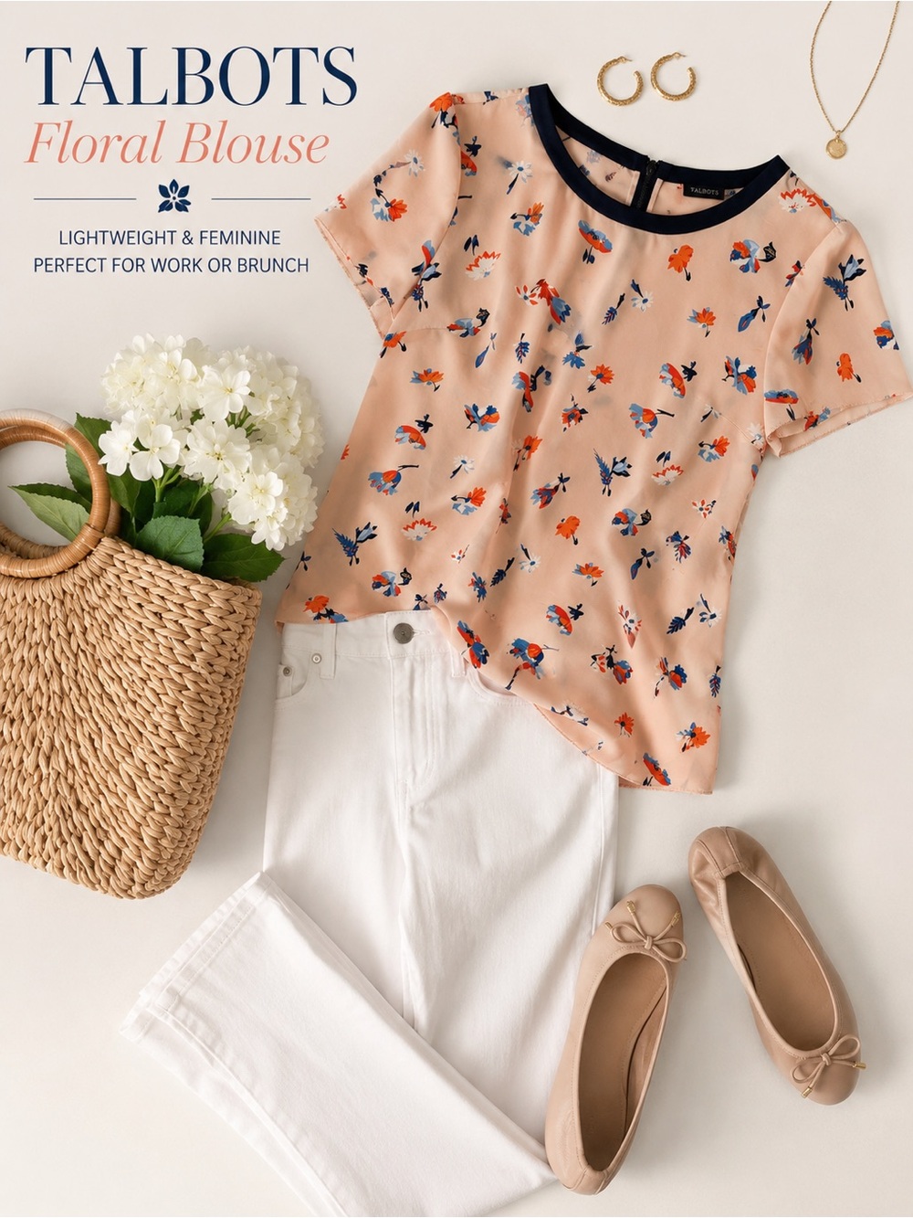 Talbots Floral Print Blouse Pink Navy Orange Short Sleeve Top